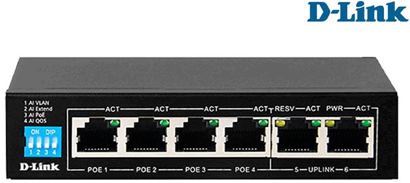D-Link DES-F1006P-E 6-Port Unmanaged PoE Switch, Supports 10/100 Mbps  Speeds with PoE, 250m Max Distance, QoS Capabilities, 4×10/100 Mbps Fast  ETH Ports, 2×10/100 Mbps Uplink, Black